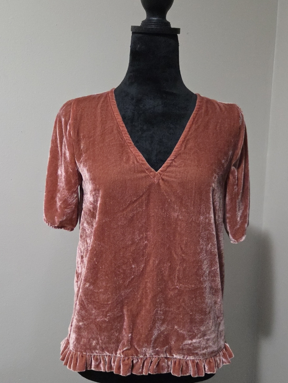 Madewell Velvet V-Neck Short Sleeve Top in Rose Clay Xxs